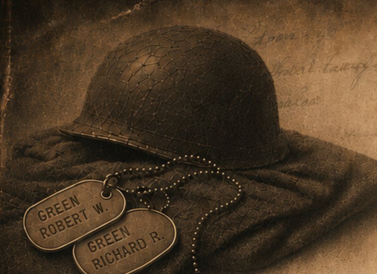 U.S. Army dog tags reading Green, Robert W. and Green, Richard R., resting on a helmet